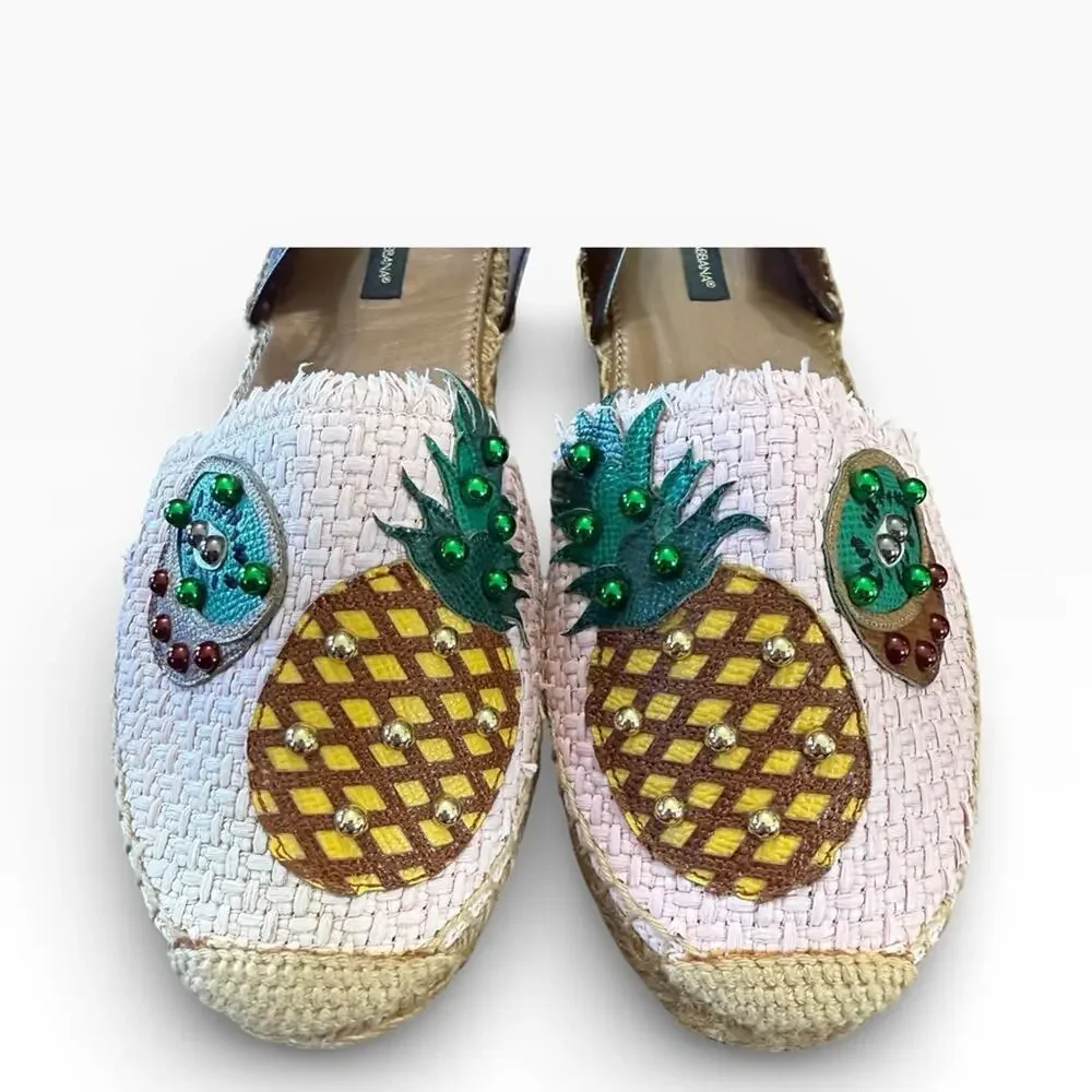Dolce & Gabbana Pineapple Kiwi Patch Raffia Espadrille Sandals EU 39 US 9